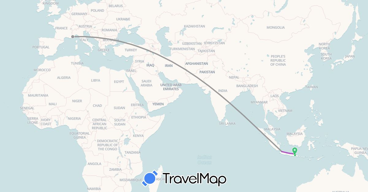 TravelMap itinerary: driving, bus, plane, train in France, Indonesia (Asia, Europe)